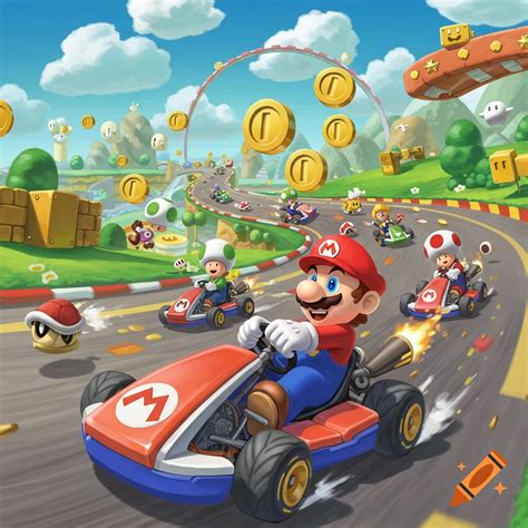 Mario and friends race go-karts on a colorful track with coins and ...