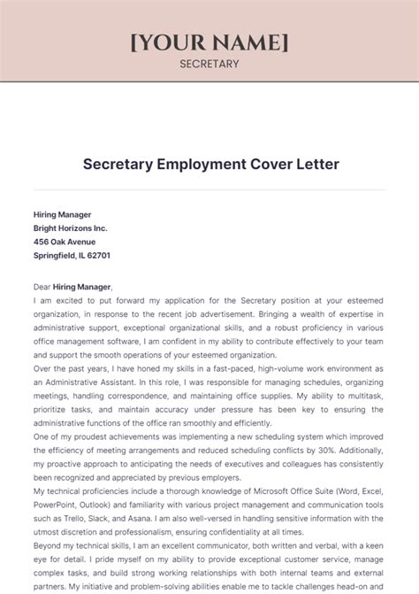 Free Secretary Employment Cover Letter Template to Edit Online