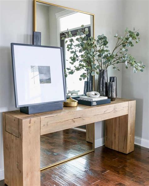 Modern Wood Entryway Table With Gold Floor Mirror - Soul & Lane