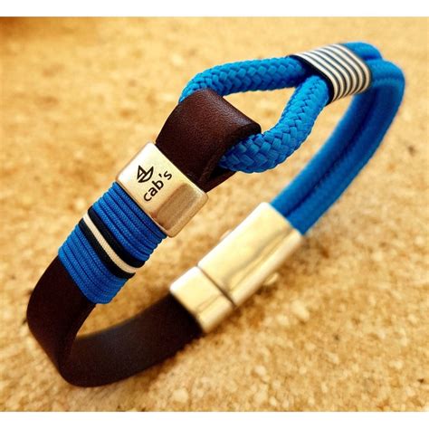 PULSERA MARINA BEACH SPORT SAIL, pulsera con cuero, cabo náutico azul y ...