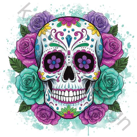 Floral Sugar Skull DTF Transfer: Glitter Sugarskull Design, Ready to ...