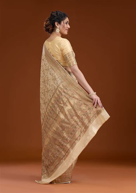 Buy Beige Zariwork Art Silk Saree - Koskii