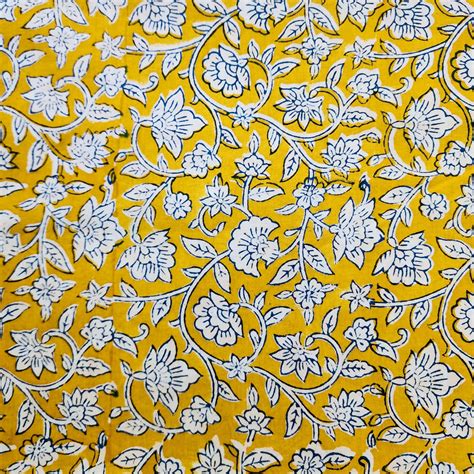Pure Cotton Jaipuri Yellow With Blue And White Jasmine Flower Jaal Han ...