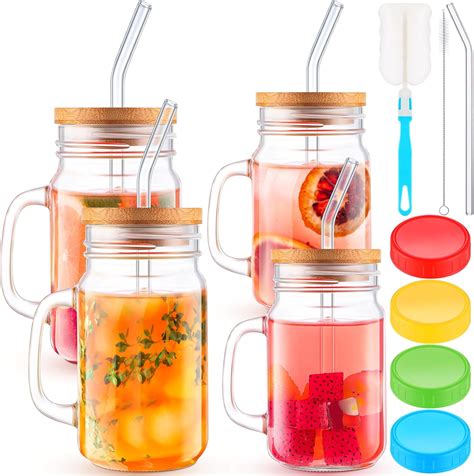 Amazon.com: 25 oz 16oz Glass Mason Jar Set of 4 with Lid and Straw ...