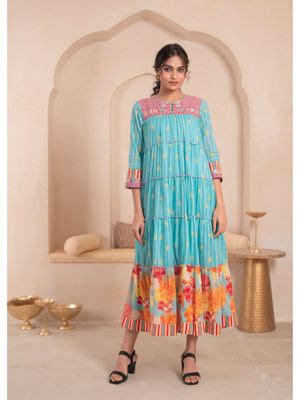 Buy Juniper Blue Flared Panelled Printed Floral Hem and Yoke Embroidery ...