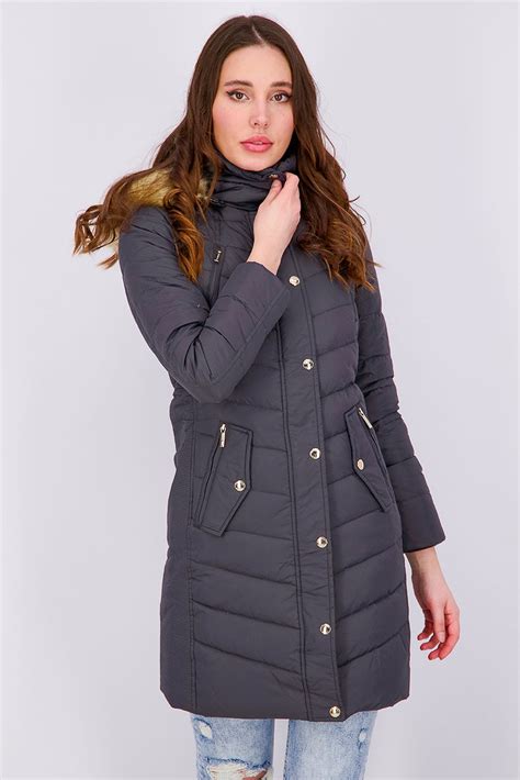Buy Michael Kors women faux fur trim hooded chevron down puffer coat ...