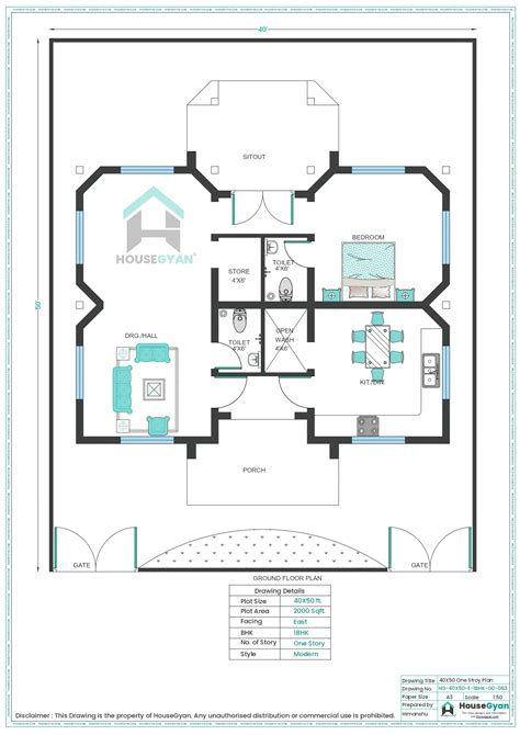 40X50 East Facing 1BHK Ground Floor House Plan | 2000 Sqft Plot Floor Plan