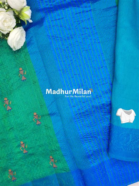 WARLI EMBROIDERY WORK RAW SILK SAREE TEAL – Madhur Milan