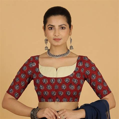 Saaya x Rozaana | Crimson Field Block Print Cotton Saree Blouse – Binks