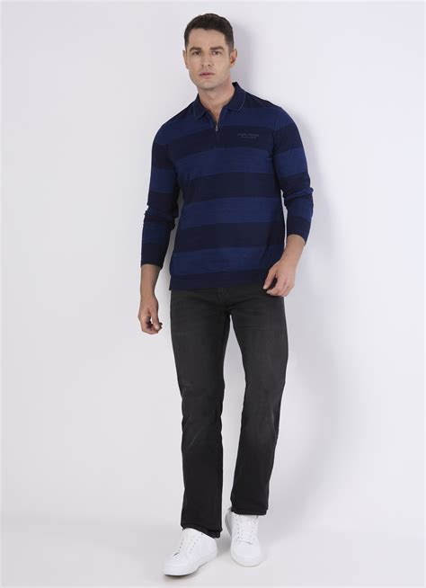 Men Indigo Blue Striped Zip Neck Polo | Pepe Jeans India