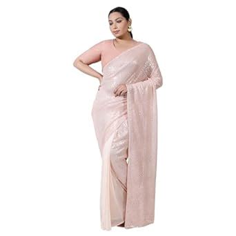 Buy AMYDUS Women's Plus Size Peach Sequence Readymade Party Saree ...