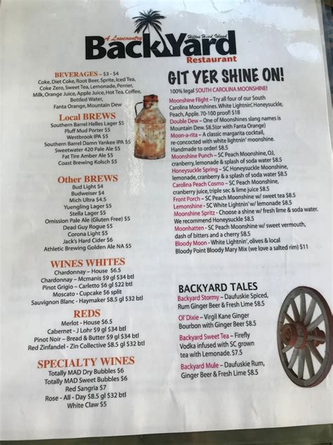 Menu at A Lowcountry Backyard Restaurant, Hilton Head Island