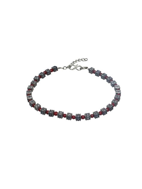 Priyaasi Red Beads Geometric Block Anklet Set
