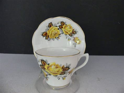 Lot #307 Vintage Rosina Bone China England Flat Cup & Saucer Set - Yellow Rose/Gold Trim ...