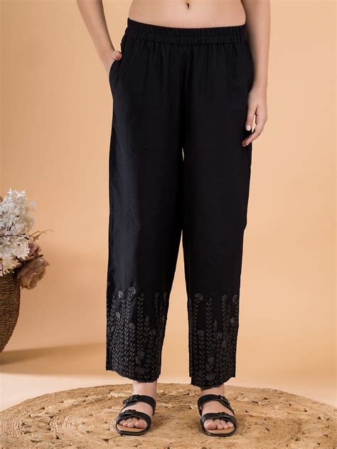 Black Flora Crest Embroidered Hem Palazzo – Saffron Threads