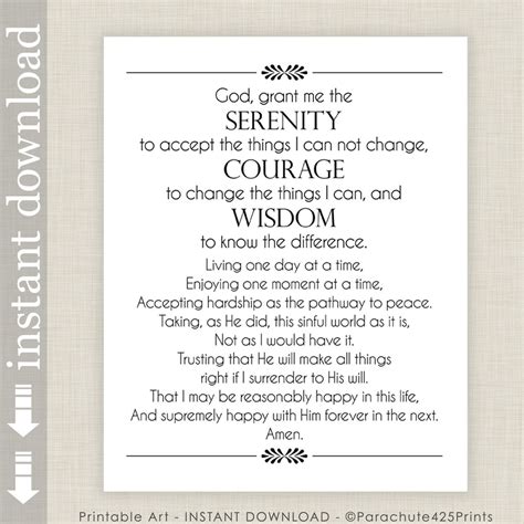 Full Serenity Prayer Printable Wall Art, Inspirational Quote for AA ...