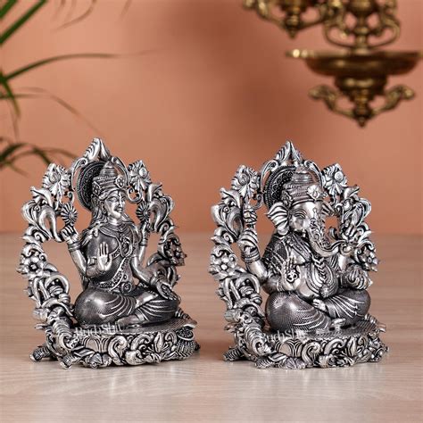Buy Pure Brass Ganesh Lakshmi Idol - 4 Inch silver plated - Budhshiv.com