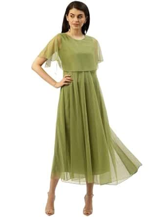 Buy U&F Women Olive Green Layered Solid Net Maxi Dress at Amazon.in