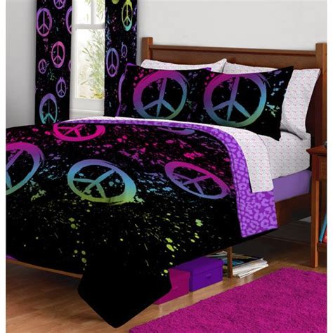 11pc Girl Black Pink Green Peace Sign Full Comforter and 2 Curtain Set ...