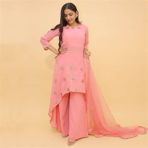 Pink Printed With Swarovski Georgette Palazzo Suit