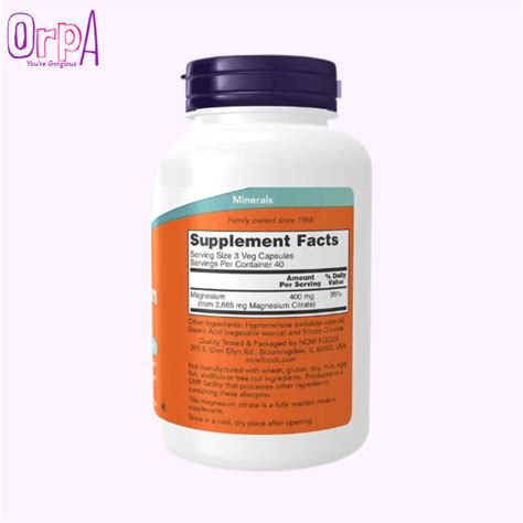 NOW Magnesium Citrate - 120 Veg Capsules - Orpa