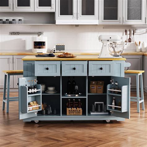 Kitchen Island Table: 53.14" Wide 3-Piece Set with Bar Stools, Power O ...