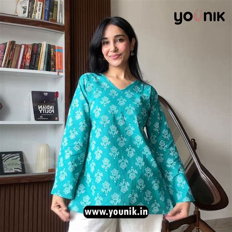 Turquoise Blue Hand Block Printed Cotton Short Kurti – YOUNIK