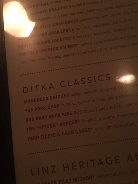 Menu at Ditka's steakhouse, Pittsburgh