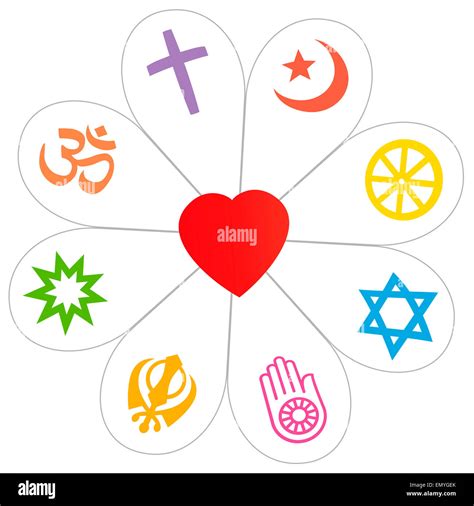 Religion-Symbole, die eine Blume mit einem Herz als Symbol für die religiöse Einheit oder ...