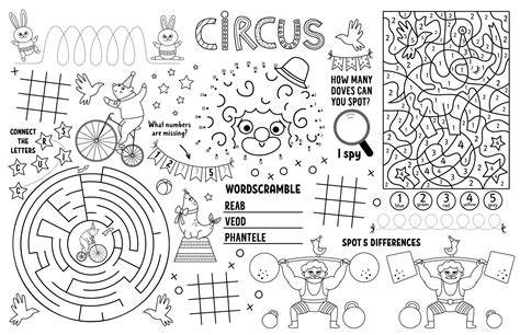 Vector circus placemat for kids. Amusement show printable activity mat ...