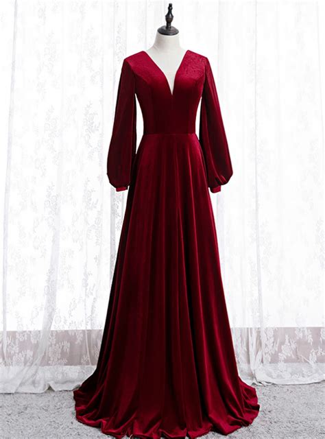 Burgundy Velvet V-neck Long Sleeve Long Prom Dress | Prom dresses long ...