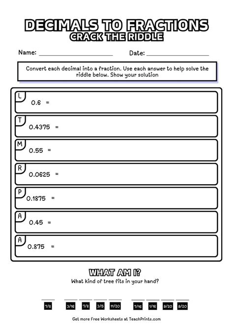 Decimal To Fraction Worksheet Printable Convert Between Fractions,