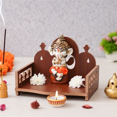 eCraftIndia Brown Om Symbol Decorative Wooden Temple for Home Office,