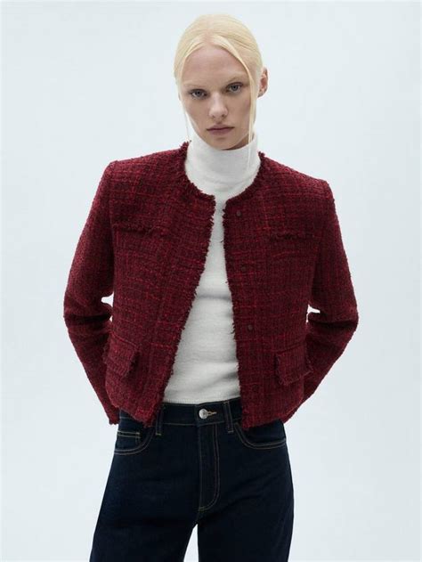 Mango Porto Tweed Jacket, Dark Red, M