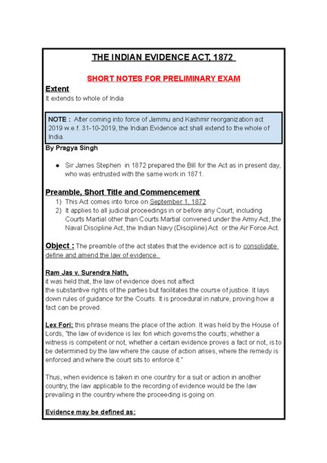 Indian Evidence Act - THE INDIAN EVIDENCE ACT, 1872 SHORT NOTES FOR ...