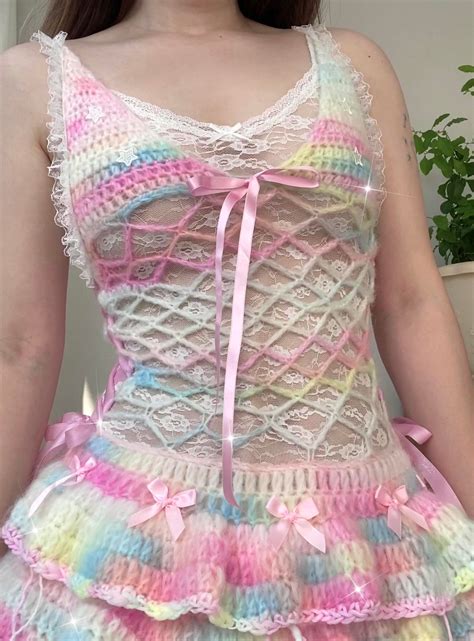 [Customized Hande Sewed] Rainbow Hearts Pastel Knitting Mini Dress ...