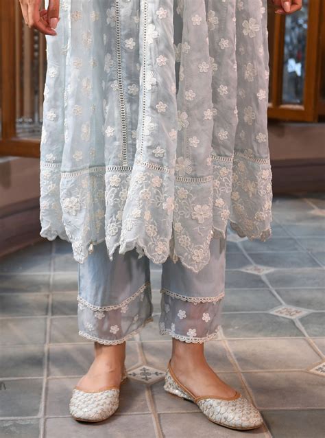 Mulmul Organza Souri Light Blue Anarkali Kurta With Mulmul Cotton Sour