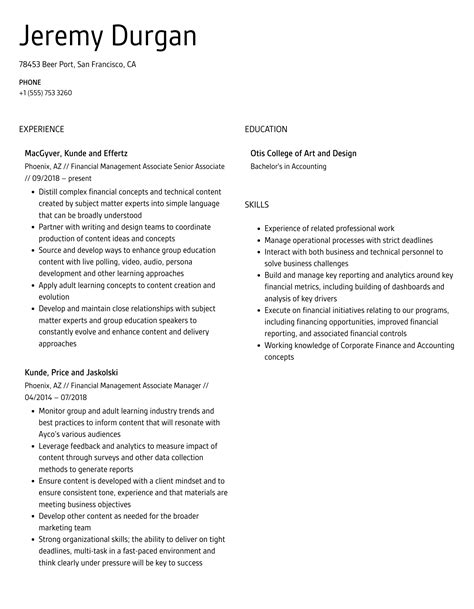 Financial Management Associate Resume Samples | Velvet Jobs