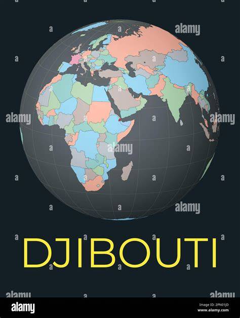 World map centered on Djibouti. Red country highlighted. Satellite world view centered on the ...