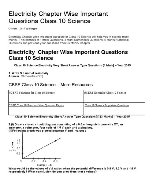 Image result for Class 10 Science Chapter Electricity Questions