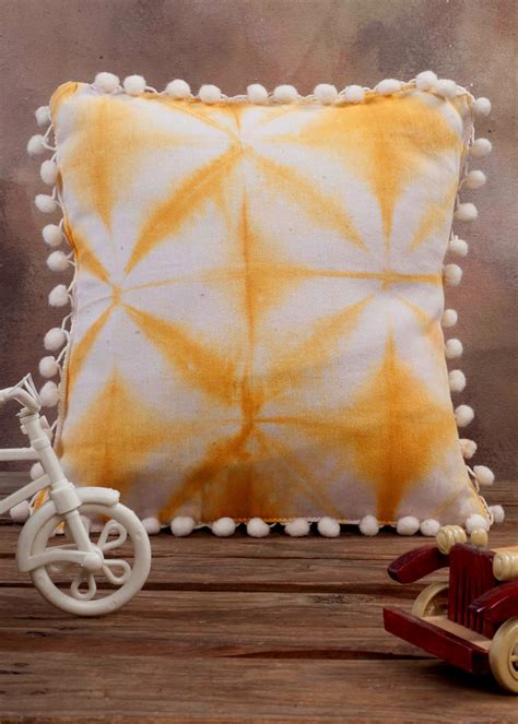 Get Tie And Dye Yellow Colored Cushion Cover With White Pom Pom (Pack ...
