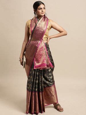 Buy Vastranand Black & Gold-Toned Woven Design Zari Silk Blend ...