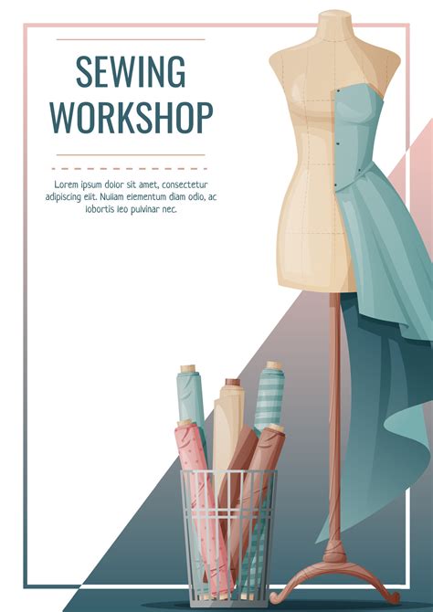 Flyer design with sewing mannequin and fabric rolls. Light industry ...