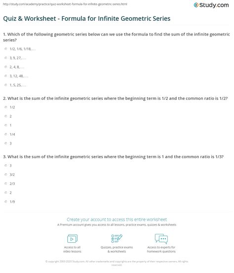 Quiz & Worksheet - Formula for Infinite Geometric Series | Study.com