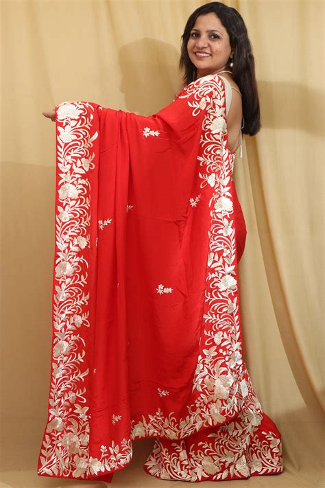 Hand Embroidered Parsi Gara Crepe Saree