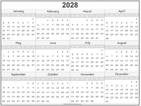 2028 year calendar | yearly printable