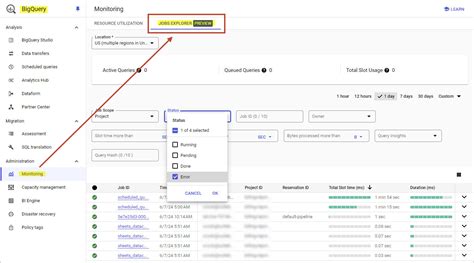 The Load BigQuery Jobs button in the BigQuery jobs informationtable