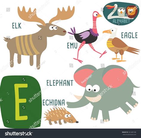 Cute Zoo Alphabet In Vector. E Letter For Elk, Emu, Eagle, Elephant ...