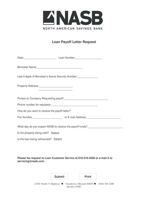 NASB Loan Payoff Letter Request - Blank Fillable Template | Fill Out ...