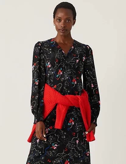 Floral V-Neck Blouson Sleeve Midi Tea Dress